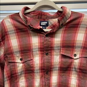 Lands' End Men's Red and Cream Plaid Shirt
